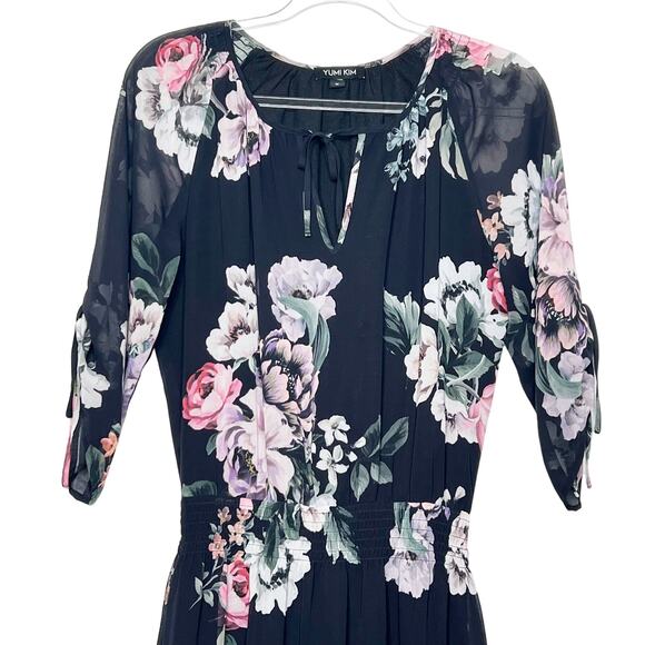 YUMI KIM Steffee Floral Silk Dress 3/4 Sleeve Fit & Flare Tie Front Black Size M - Picture 5 of 5